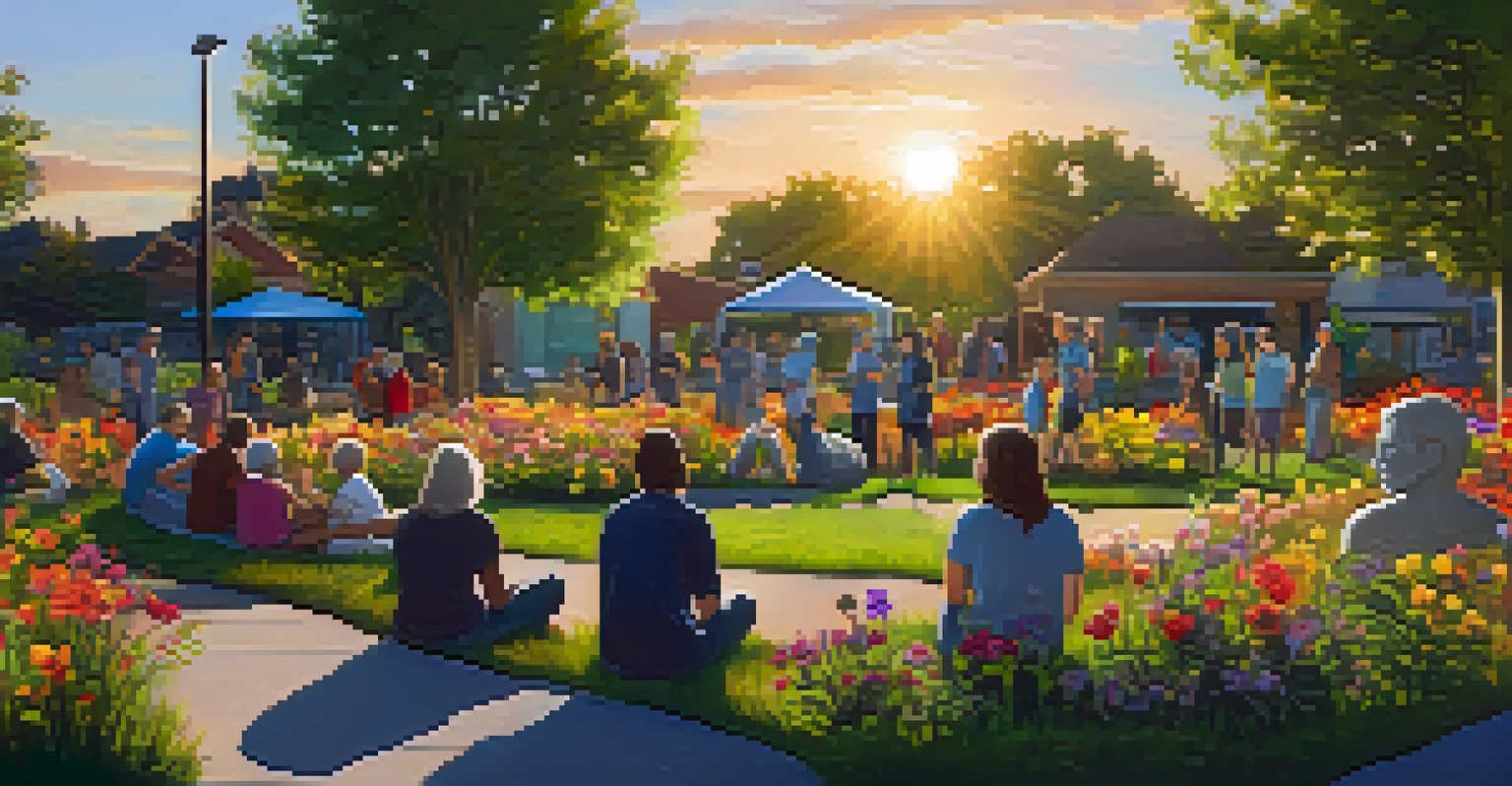 A community garden with a beautiful outdoor art installation made from recycled materials, surrounded by residents enjoying the greenery at sunset.