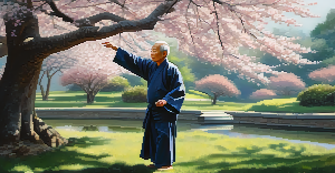An elderly Asian man practicing Tai Chi in a tranquil garden with cherry blossom trees in bloom, surrounded by falling petals.