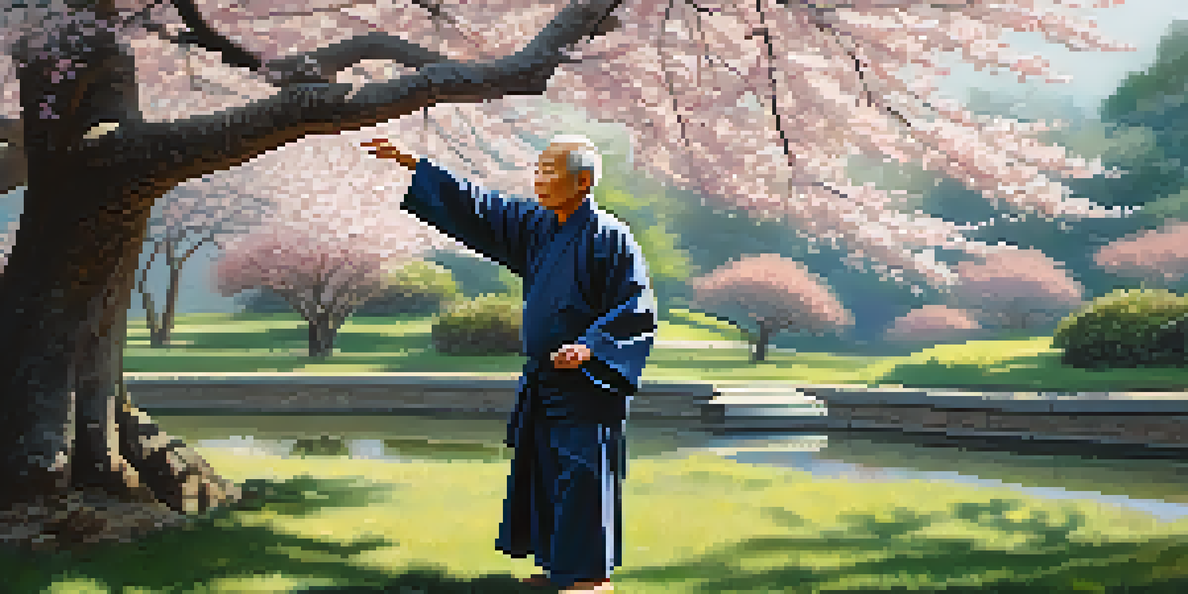 An elderly Asian man practicing Tai Chi in a tranquil garden with cherry blossom trees in bloom, surrounded by falling petals.