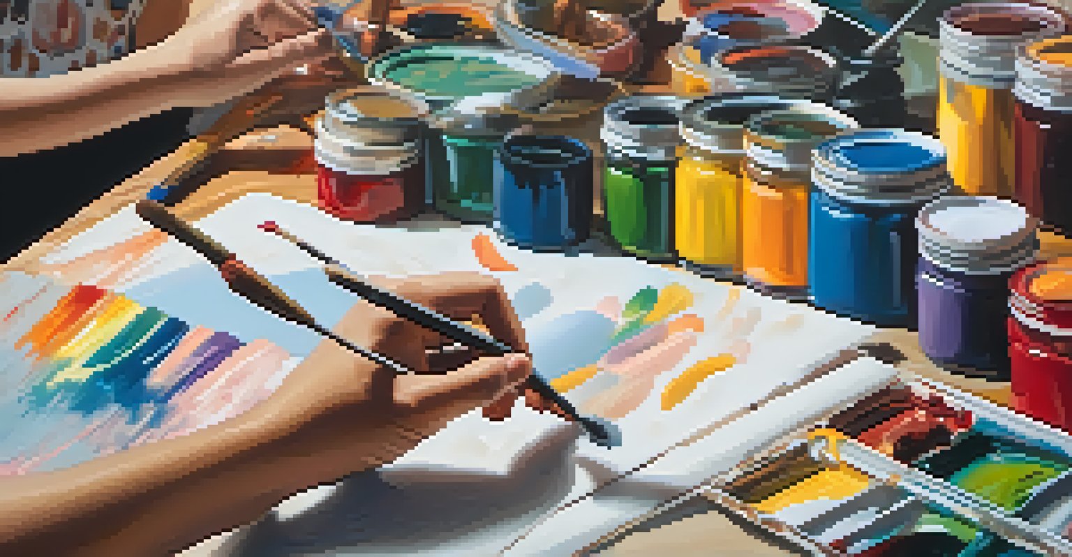 An artist's hands painting a family gathering on a canvas.