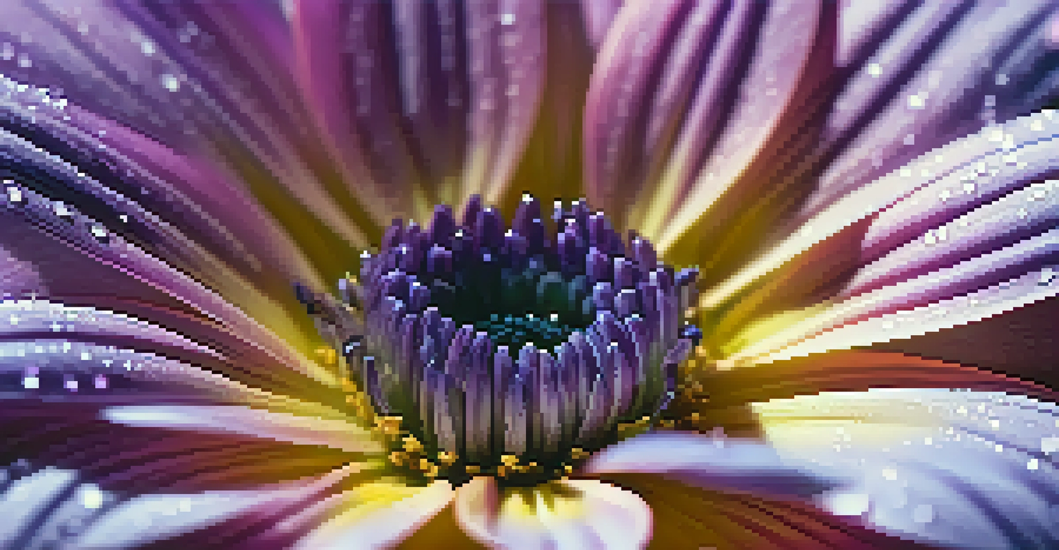 A detailed close-up of a purple and blue flower with dew drops, against a softly blurred background.