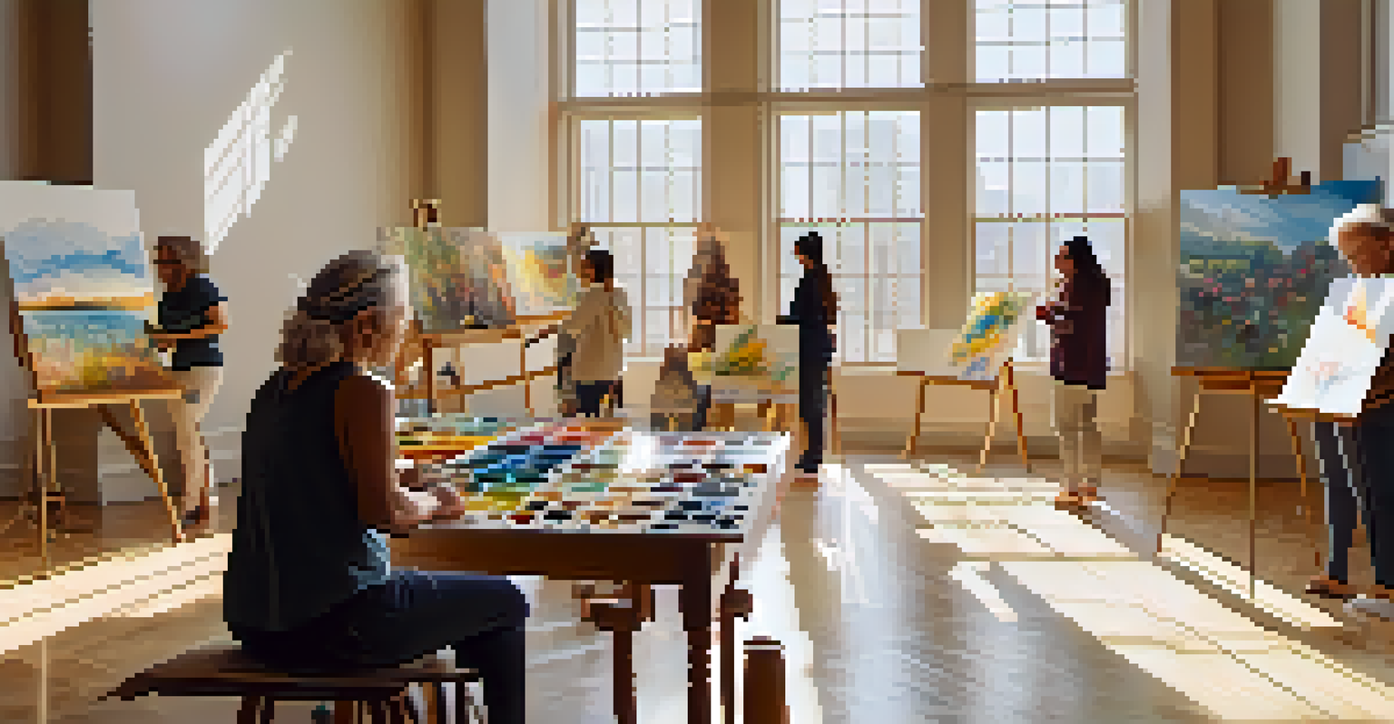 An art therapy session in a bright room, showcasing individuals creating art and expressing themselves.