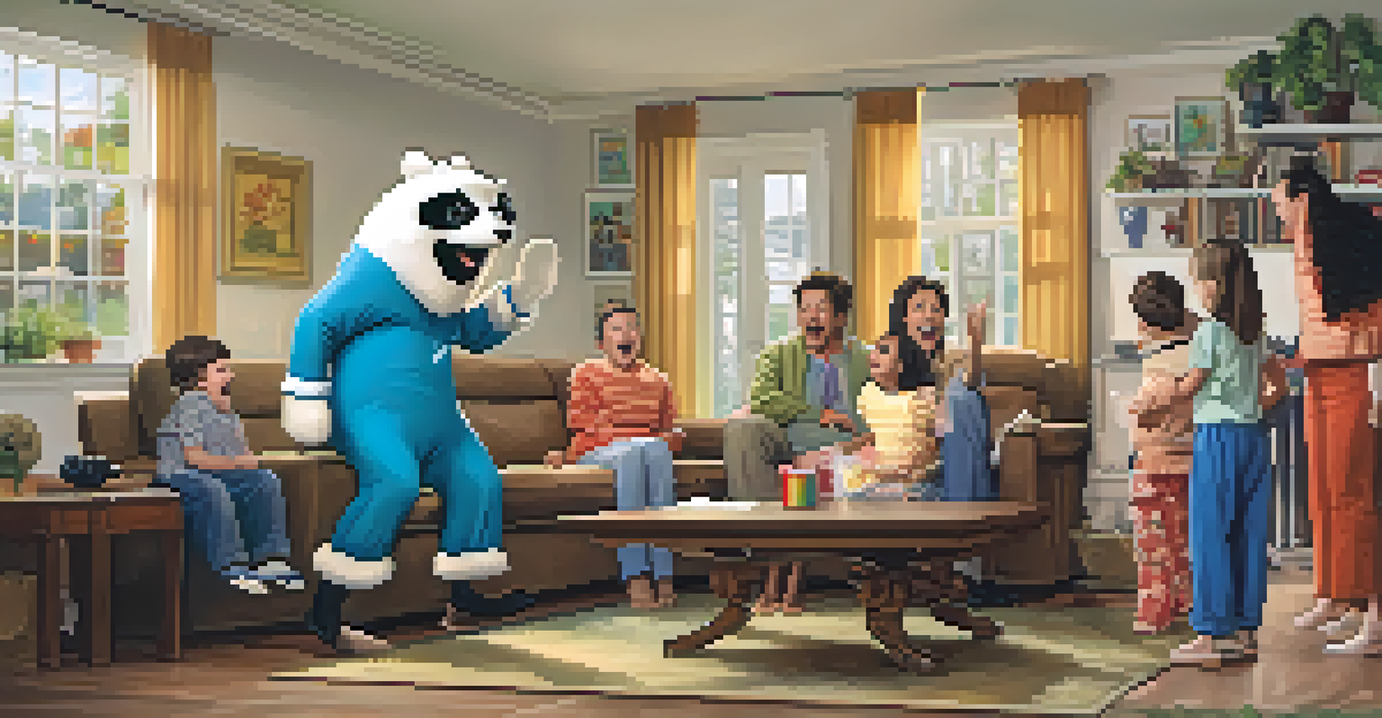 A family in a living room playing charades, with one member in an oversized costume acting humorously, while others laugh and watch.