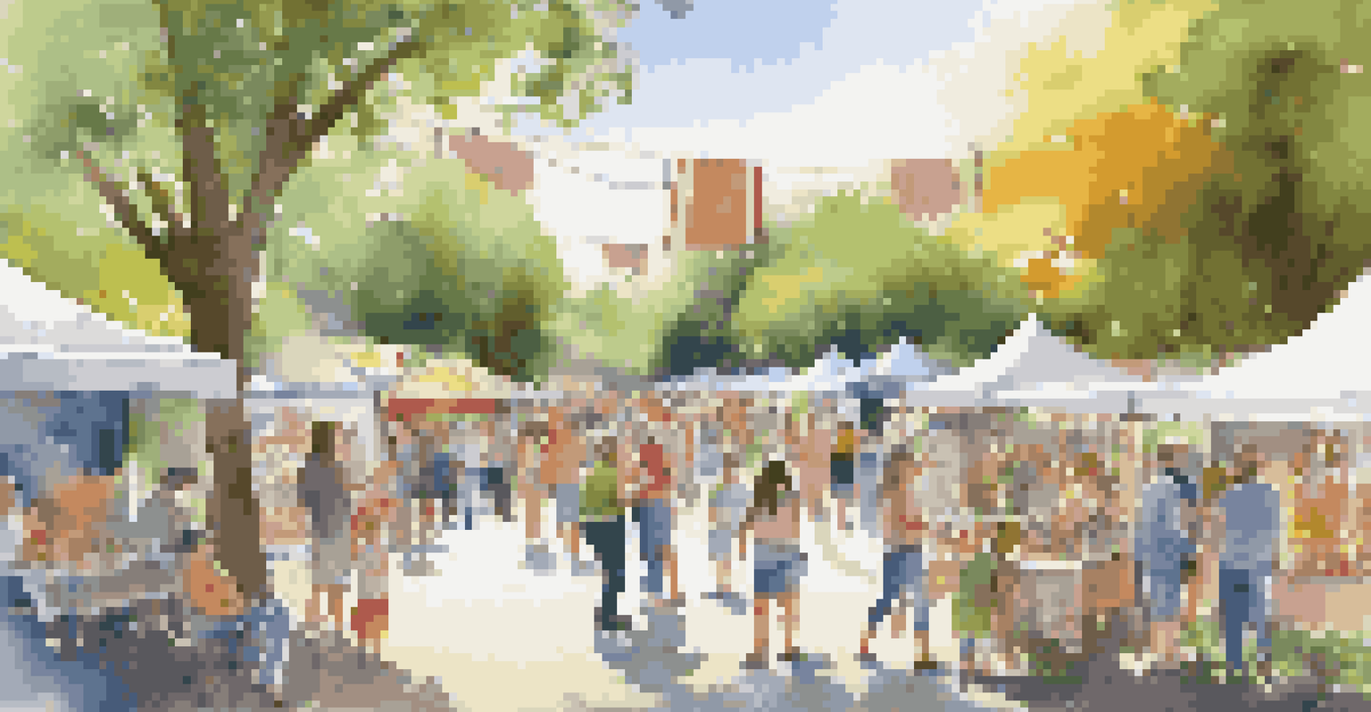 A lively community art fair in a park, showcasing local artists and families enjoying the exhibits under bright sunlight.