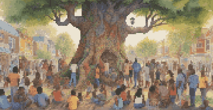 A colorful mural illustrating a diverse community gathered around a tree, sharing stories and memories, with bright colors and soft sunlight.