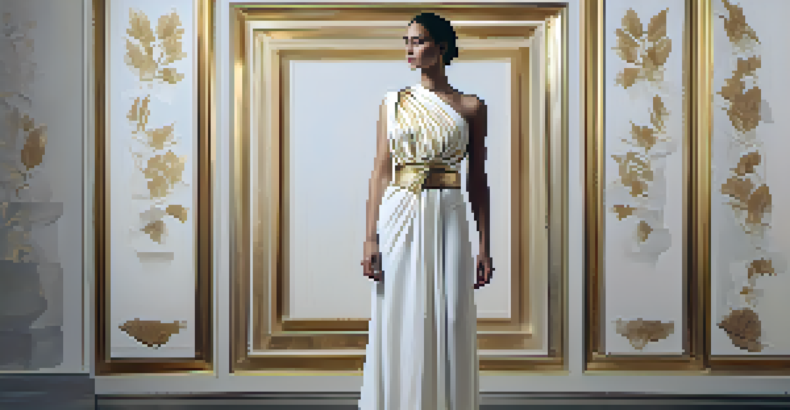 A stylish white chiton dress with golden accents on a mannequin, highlighted by soft lighting.