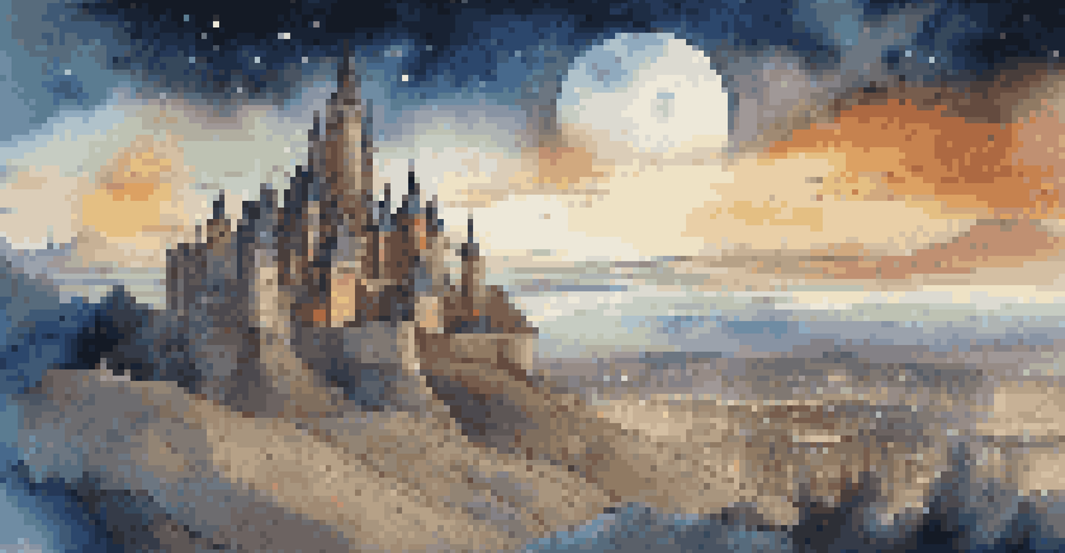 A futuristic landscape merging a historical castle with modern skyscrapers under a starry sky, with light trails symbolizing time.