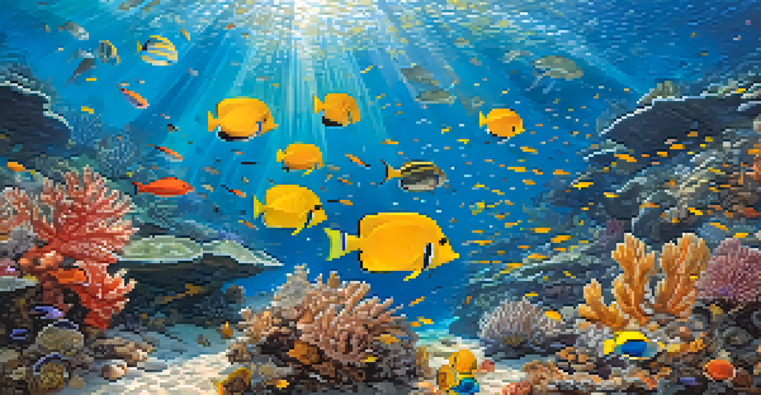 An underwater view of a colorful coral reef filled with various fish and sunlight filtering through the water.