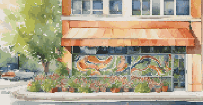 A colorful mural on a coffee shop exterior, surrounded by trees and outdoor seating under sunlight.