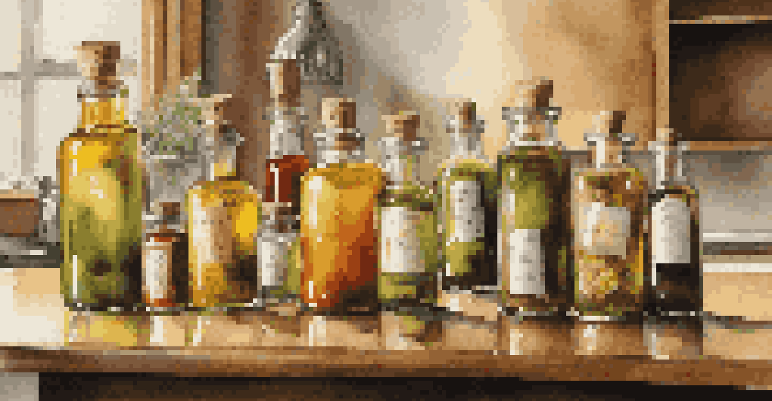 A collection of infused oils on a wooden counter, surrounded by fresh herbs and spices, illuminated by warm natural light.
