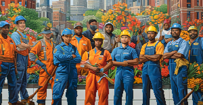 A colorful mural showing a diverse group of workers united in solidarity, with tools and nature elements in the background.