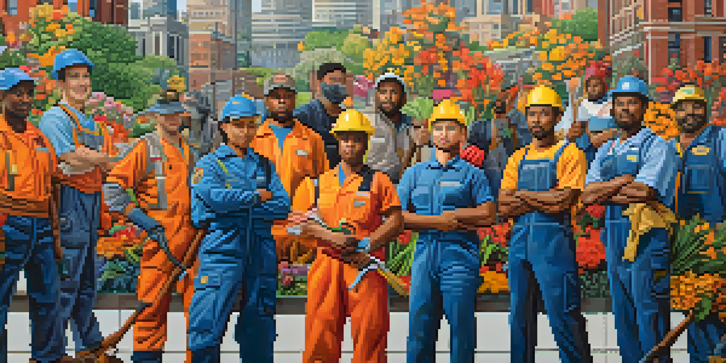 A colorful mural showing a diverse group of workers united in solidarity, with tools and nature elements in the background.