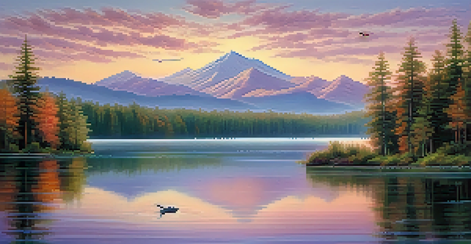 A tranquil lake at sunrise, surrounded by forests and mountains, with pastel colors reflected in the water.