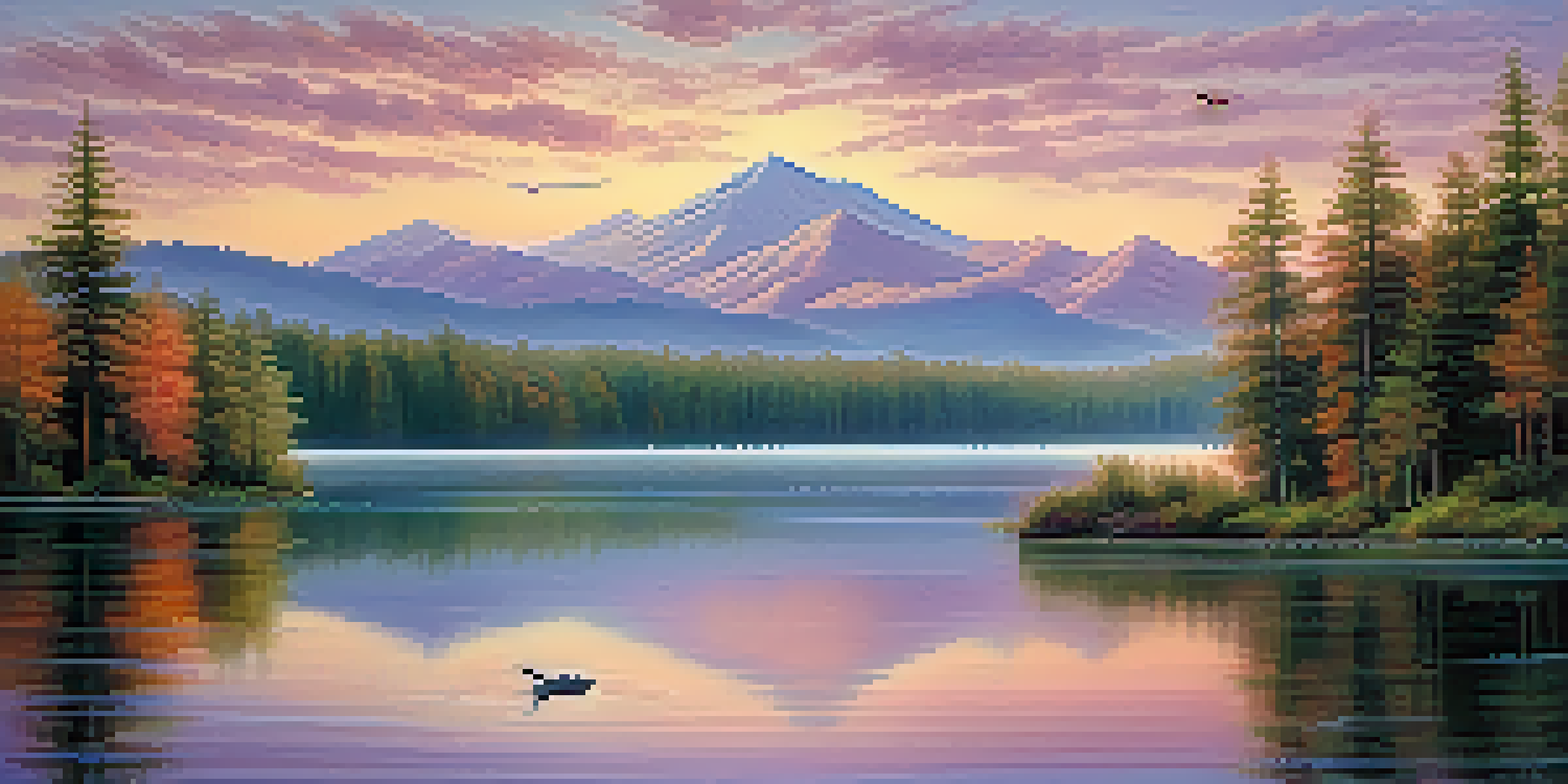 A tranquil lake at sunrise, surrounded by forests and mountains, with pastel colors reflected in the water.