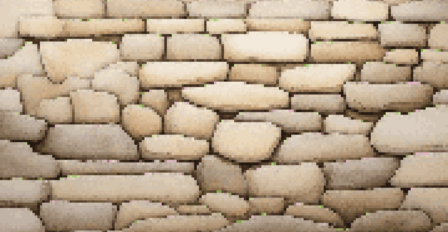 A close-up of a textured stone wall in beige and cream shades, highlighting light and shadow.