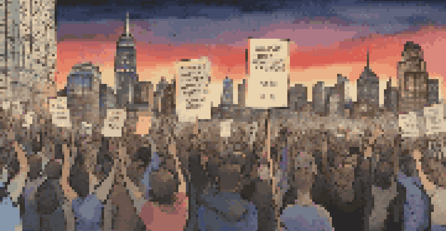 A digital artwork showing a protest scene with people holding signs for justice against a dusky skyline, capturing their determination.
