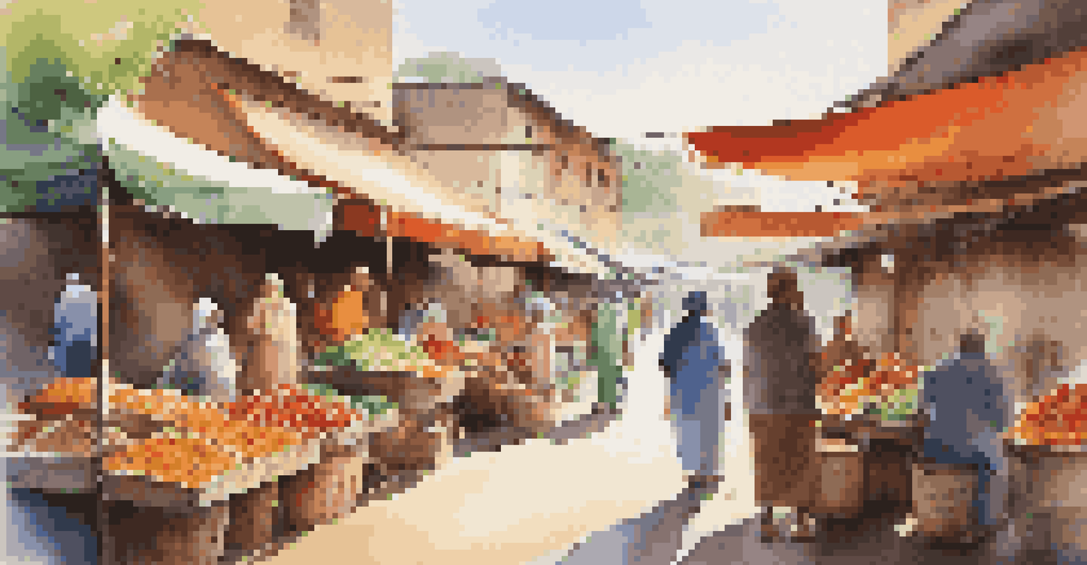 A lively market filled with colorful stalls and people shopping for fresh produce and crafts.