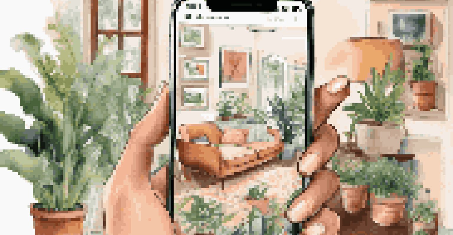 A smartphone displaying a colorful social media feed filled with artwork and videos, set in a cozy living room.