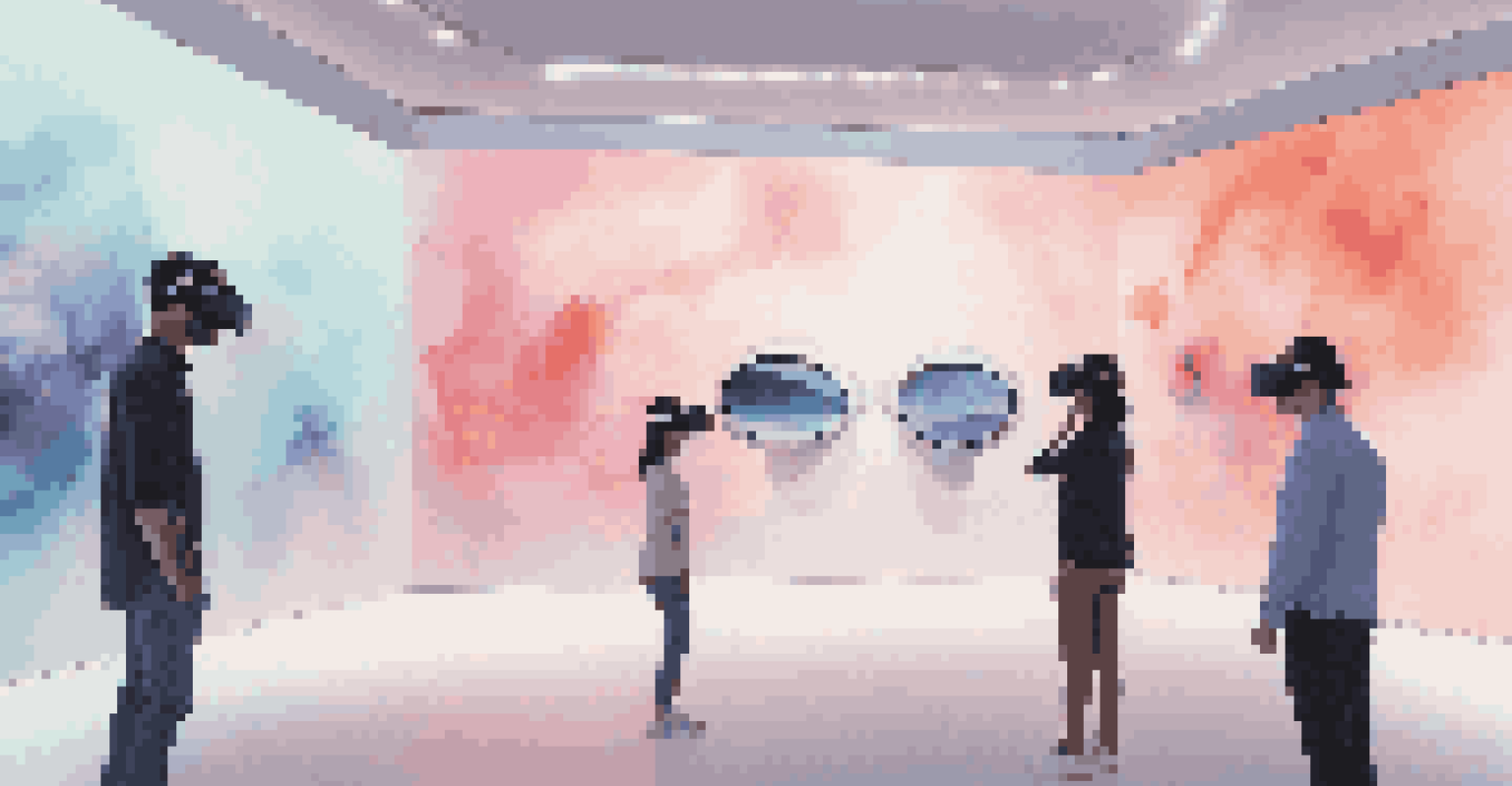 A virtual reality gallery with viewers interacting with 3D art installations while wearing VR headsets in a minimalist setting.