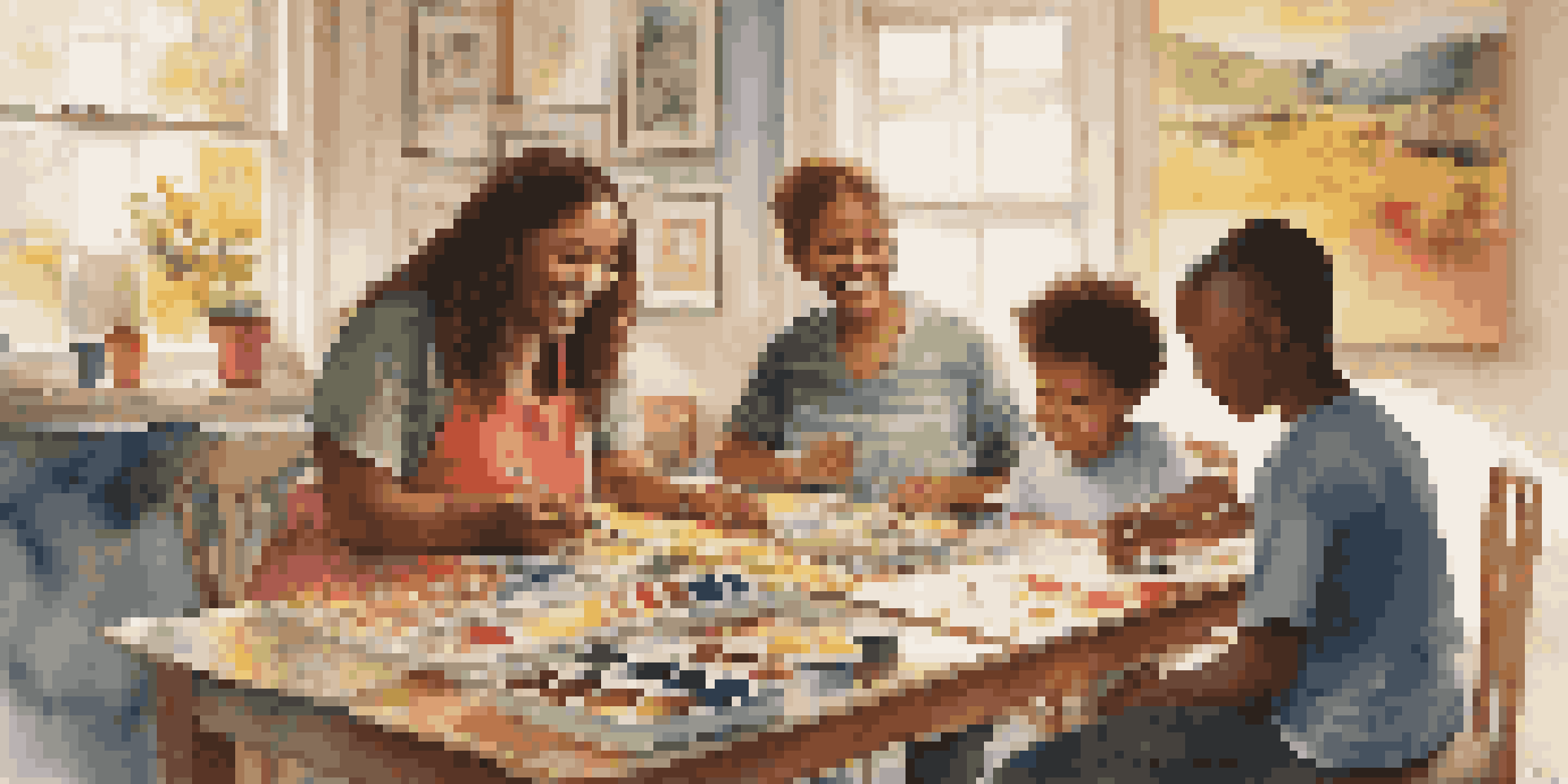 A diverse family of five enjoying an art night, surrounded by art supplies and a vibrant mural, with sunlight streaming in through large windows.