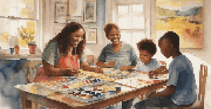 A diverse family of five enjoying an art night, surrounded by art supplies and a vibrant mural, with sunlight streaming in through large windows.
