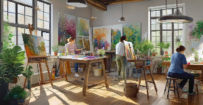 A bright art studio with adults painting and drawing, surrounded by colorful artwork and plants.