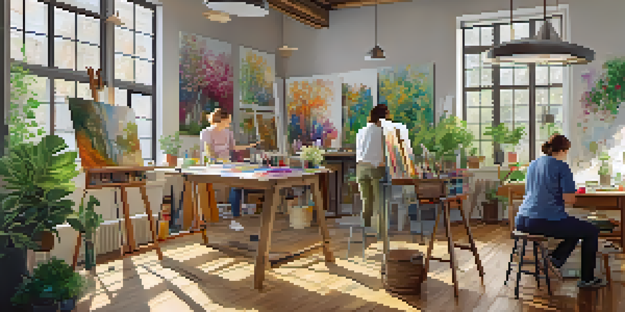 A bright art studio with adults painting and drawing, surrounded by colorful artwork and plants.