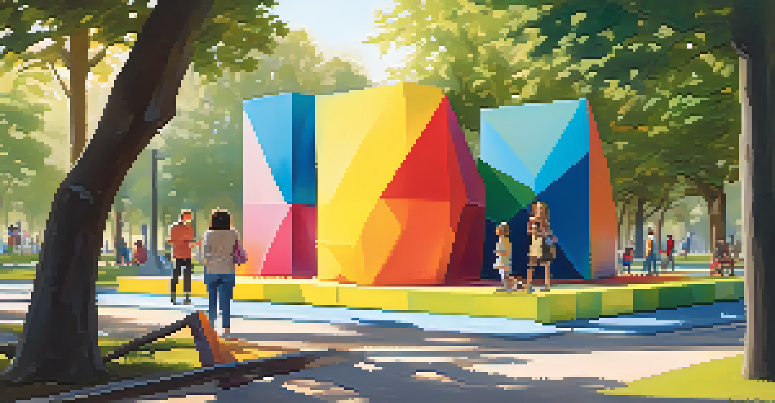 A colorful interactive art installation made of geometric shapes in a park, with families exploring and shadows cast by trees in the sunlight.