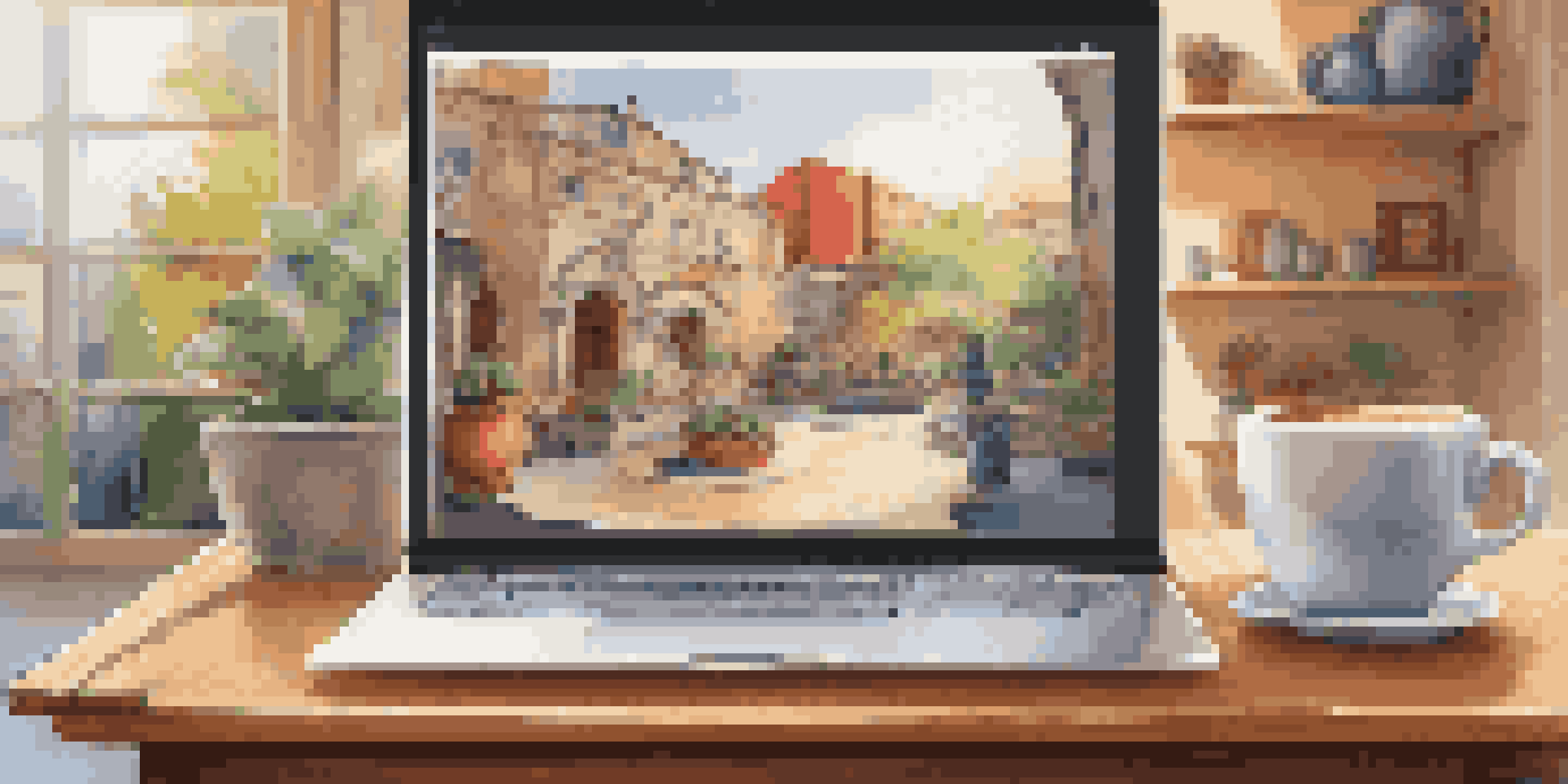 A warm setup for a virtual art exhibition with a laptop, coffee cup, and a bright window view.
