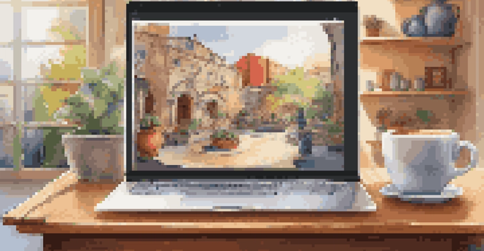 A warm setup for a virtual art exhibition with a laptop, coffee cup, and a bright window view.