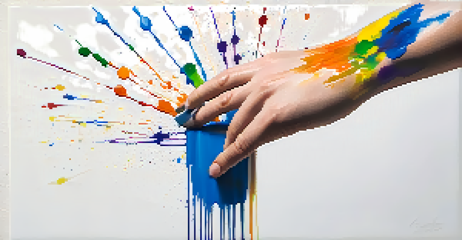 A close-up of a hand with paint splatters holding a paintbrush in front of a colorful abstract canvas.