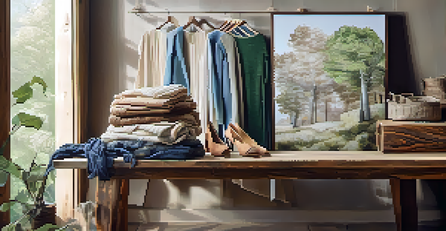 A close-up view of eco-friendly fashion pieces made from recycled materials, displayed on a rustic wooden table with soft, natural lighting.