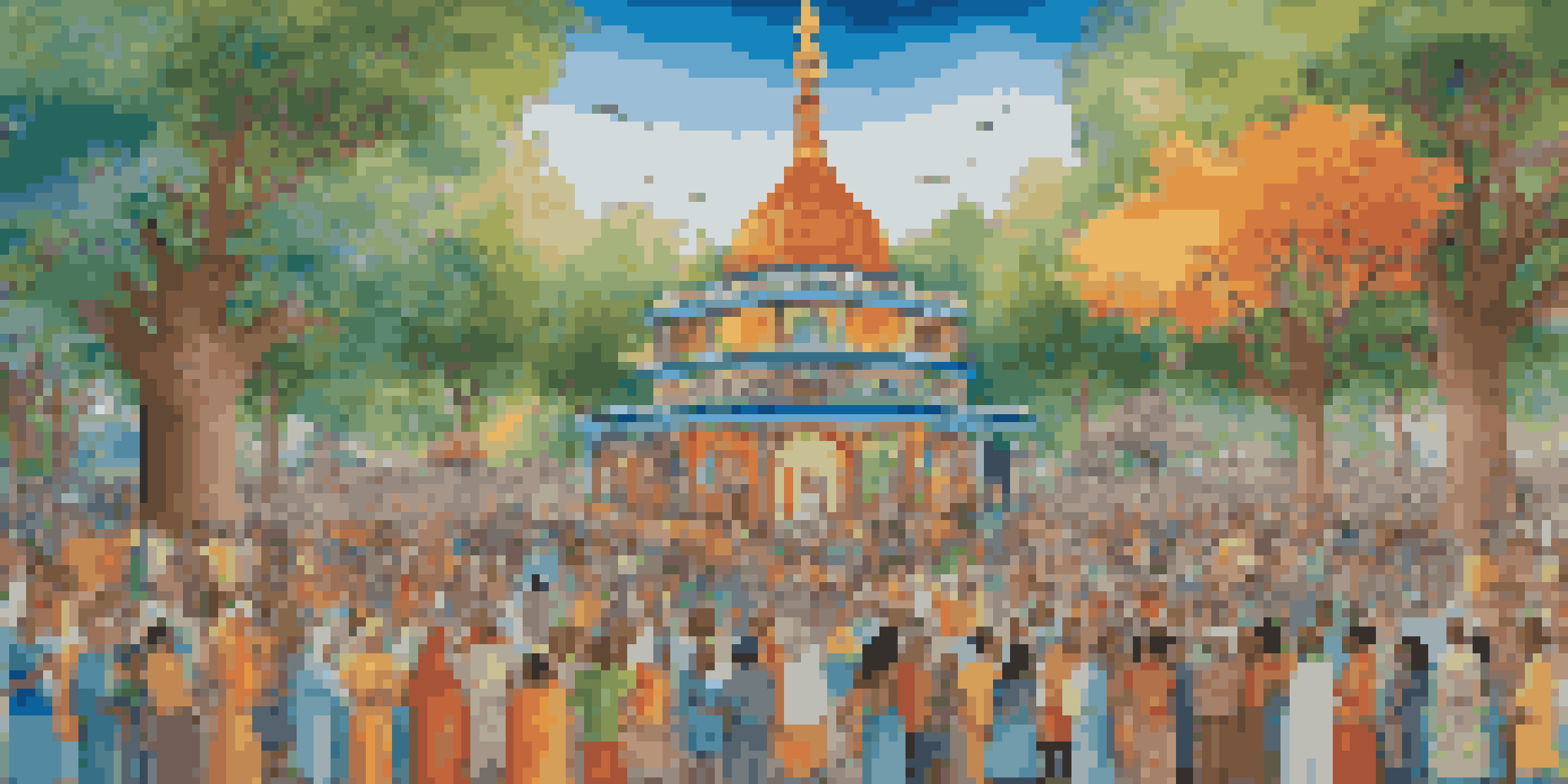 A colorful mural representing a community gathering with diverse individuals painting together in a park, featuring symbols of various faiths and cultures.