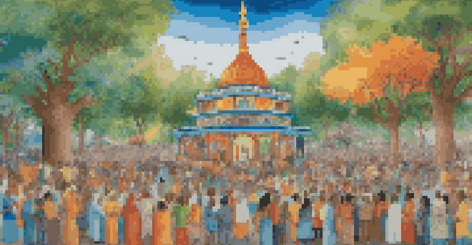 A colorful mural representing a community gathering with diverse individuals painting together in a park, featuring symbols of various faiths and cultures.