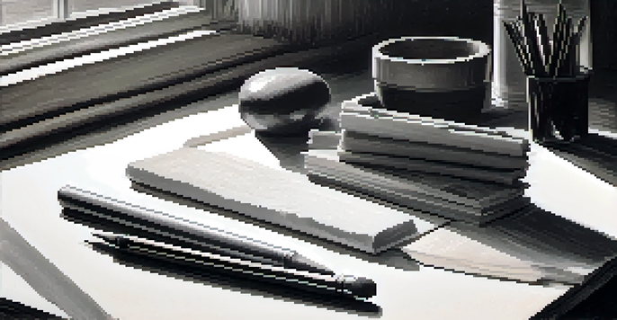 An artist's workspace with charcoal sticks and a sketchbook showing a charcoal drawing, illuminated by soft natural light.