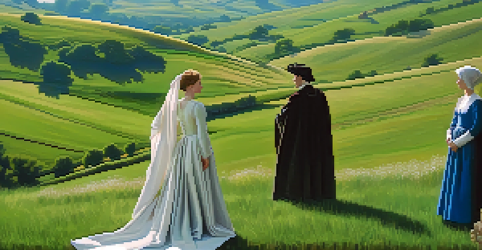 A serene Renaissance landscape with a lush green valley, rolling hills, and elegantly dressed figures conversing among wildflowers.