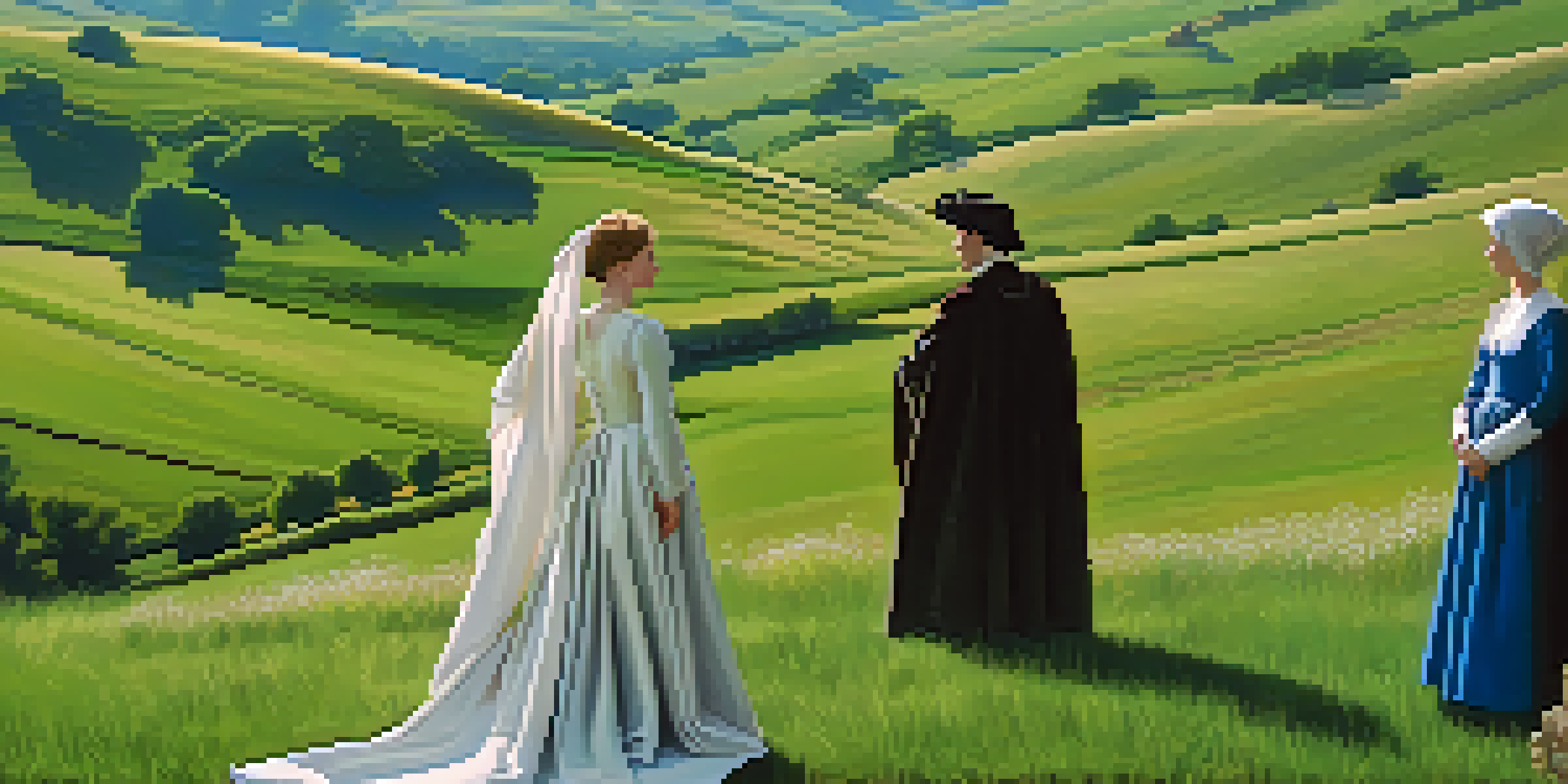 A serene Renaissance landscape with a lush green valley, rolling hills, and elegantly dressed figures conversing among wildflowers.