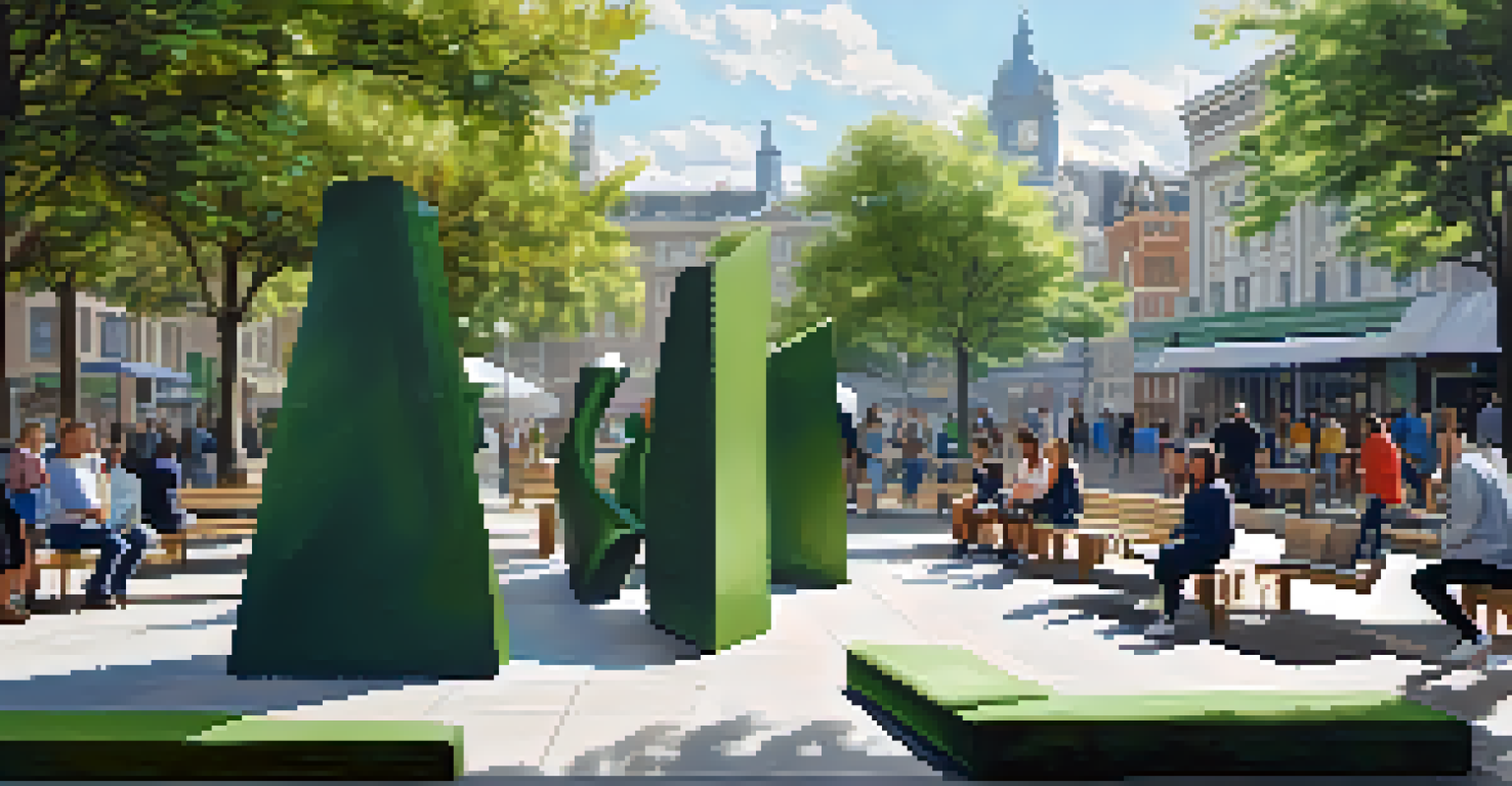 A public art installation in a city square with large sculptures symbolizing health, surrounded by greenery and benches.