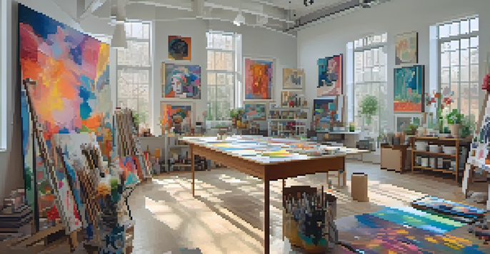 A bright and colorful art studio showcasing diverse artworks by female artists, filled with natural light and art supplies.
