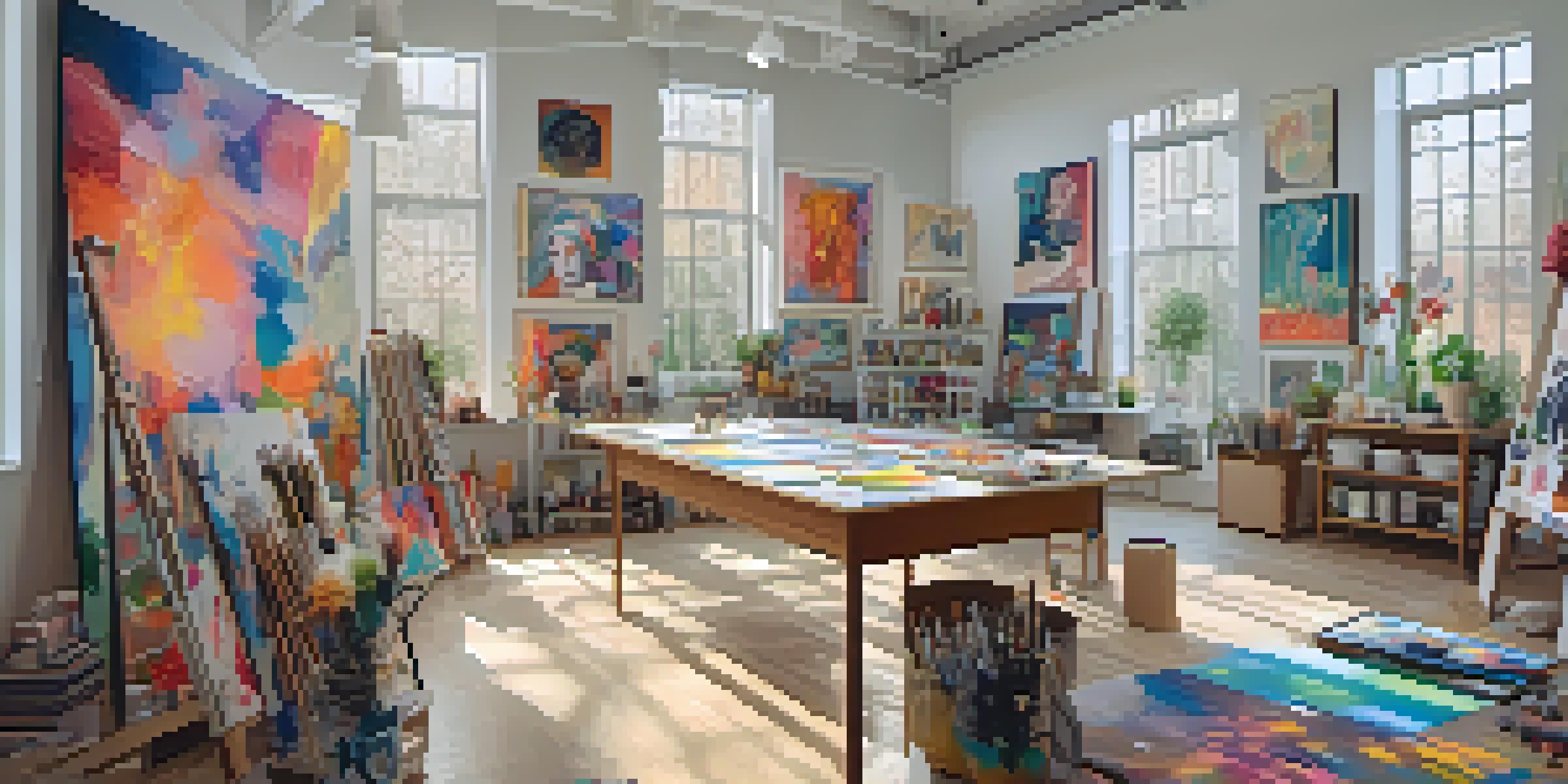 A bright and colorful art studio showcasing diverse artworks by female artists, filled with natural light and art supplies.