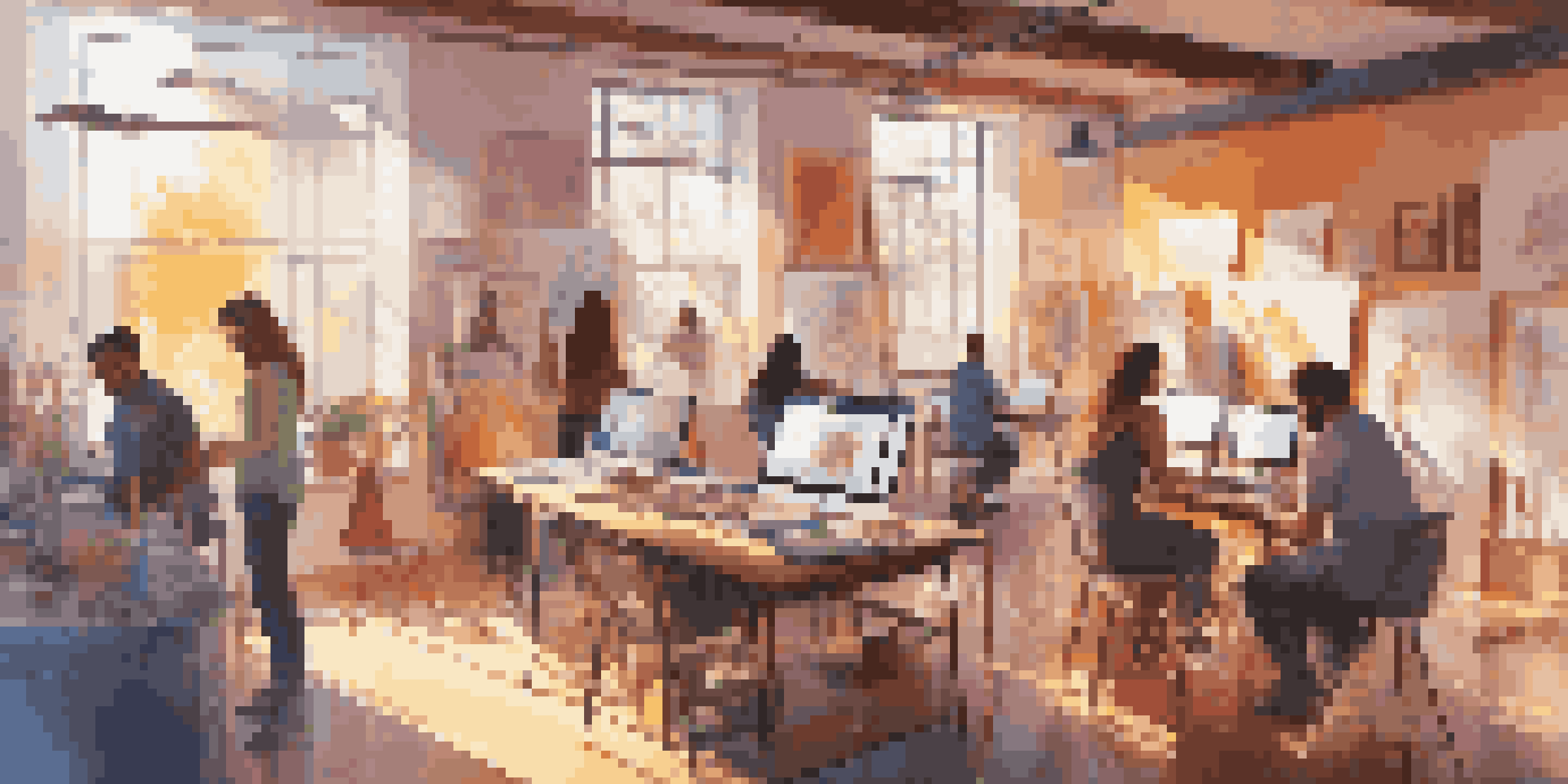 A lively digital art studio with artists of various backgrounds collaborating, surrounded by colorful art supplies and illuminated by sunlight.