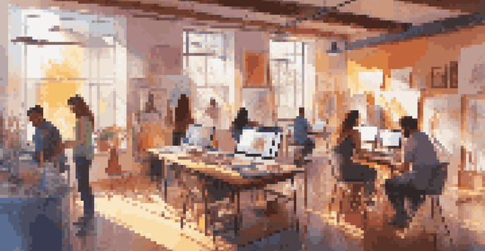 A lively digital art studio with artists of various backgrounds collaborating, surrounded by colorful art supplies and illuminated by sunlight.