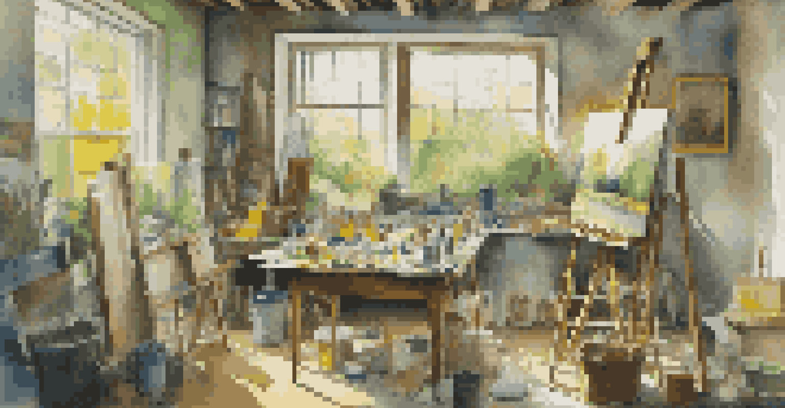 An artist's studio illuminated by natural light, filled with art supplies and a vibrant landscape painting in progress.