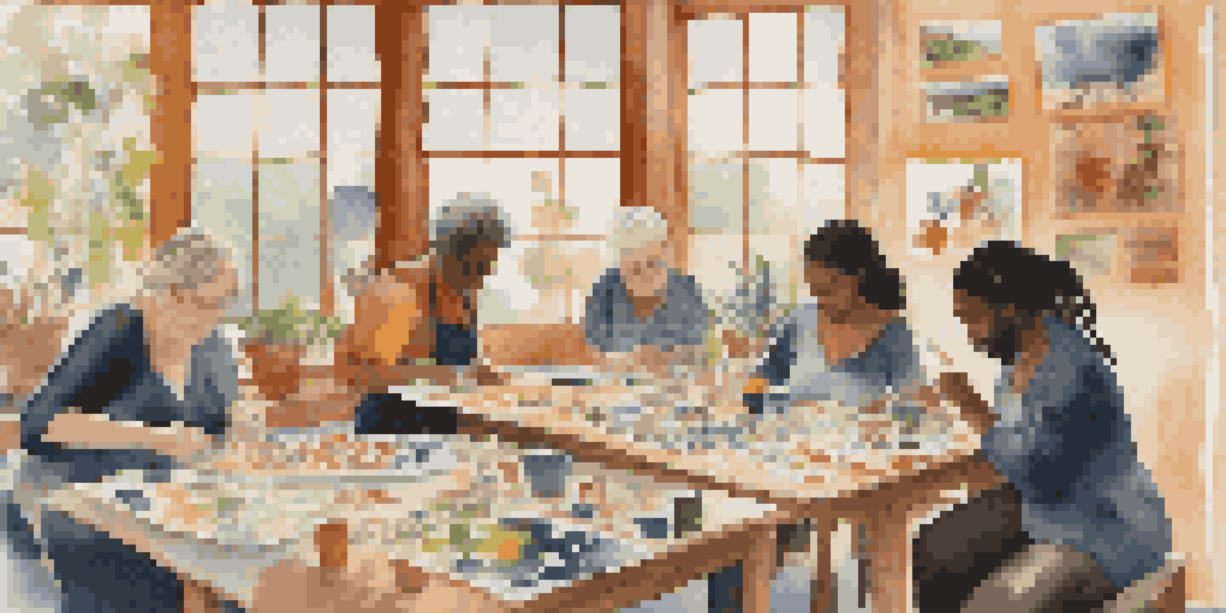 A diverse group of individuals in an art therapy workshop, creating art inspired by folklore. The room is bright and filled with colorful artworks.