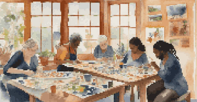 A diverse group of individuals in an art therapy workshop, creating art inspired by folklore. The room is bright and filled with colorful artworks.