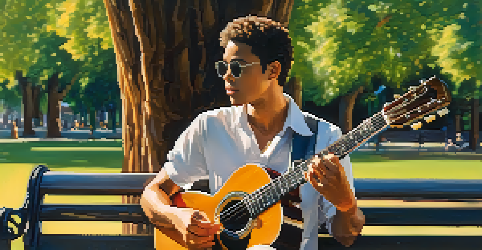 A musician playing guitar on a park bench, surrounded by nature and sunlight, expressing emotions through music.