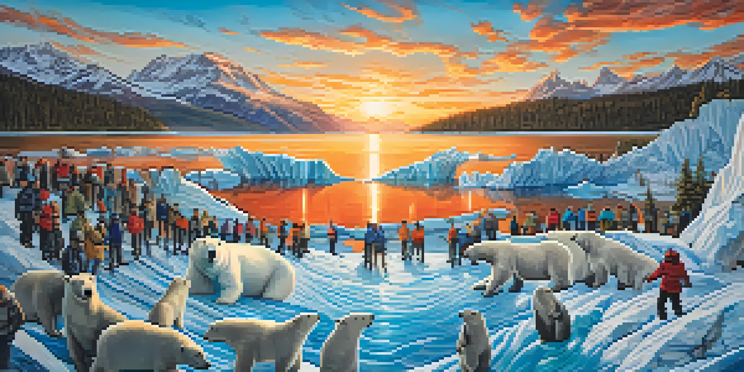 A colorful mural showing a melting glacier with wildlife, depicting community members painting together to raise climate awareness.