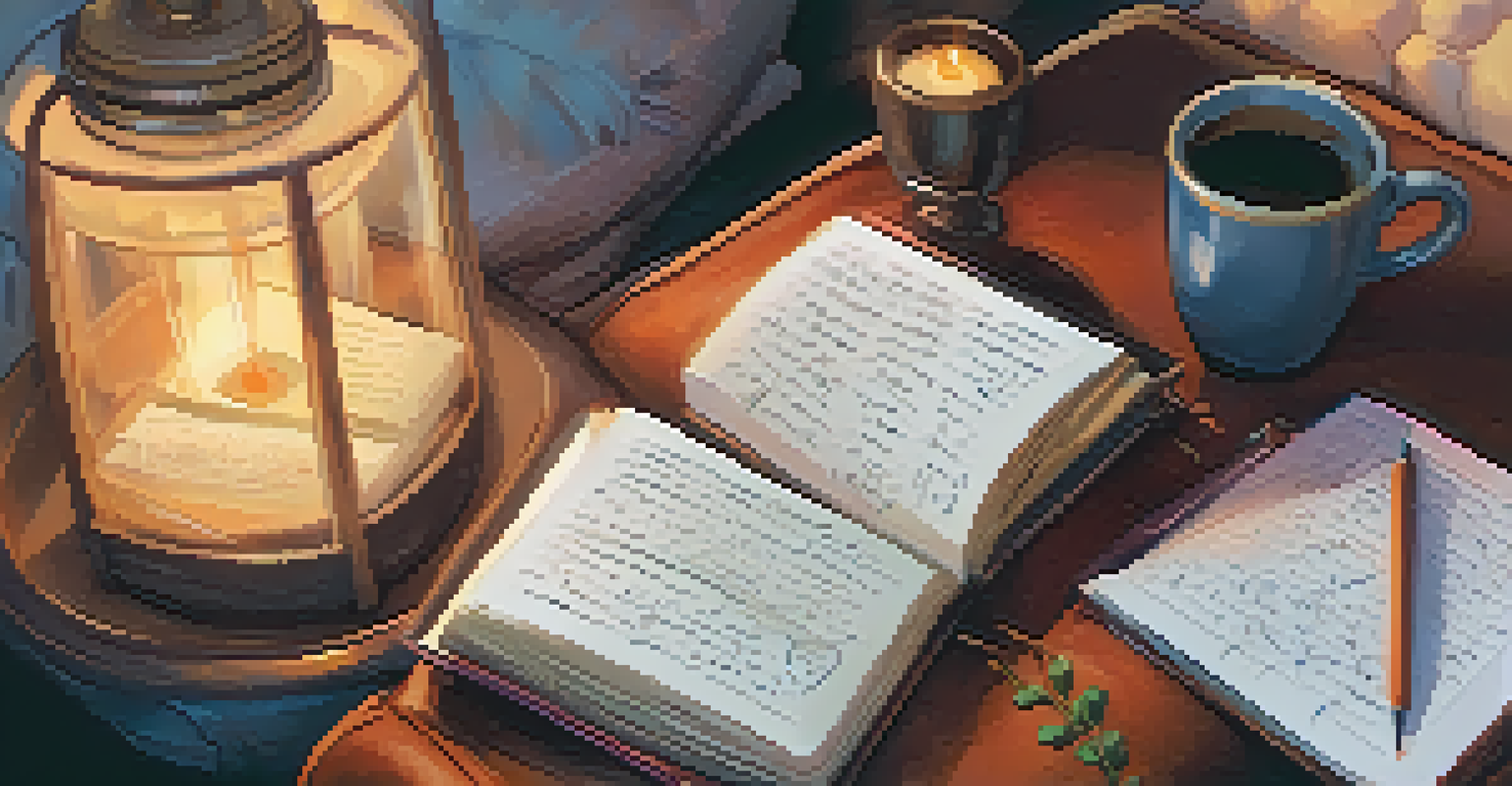 A person journaling on a couch with sketches and notes in a journal, surrounded by pillows and a cup of tea.