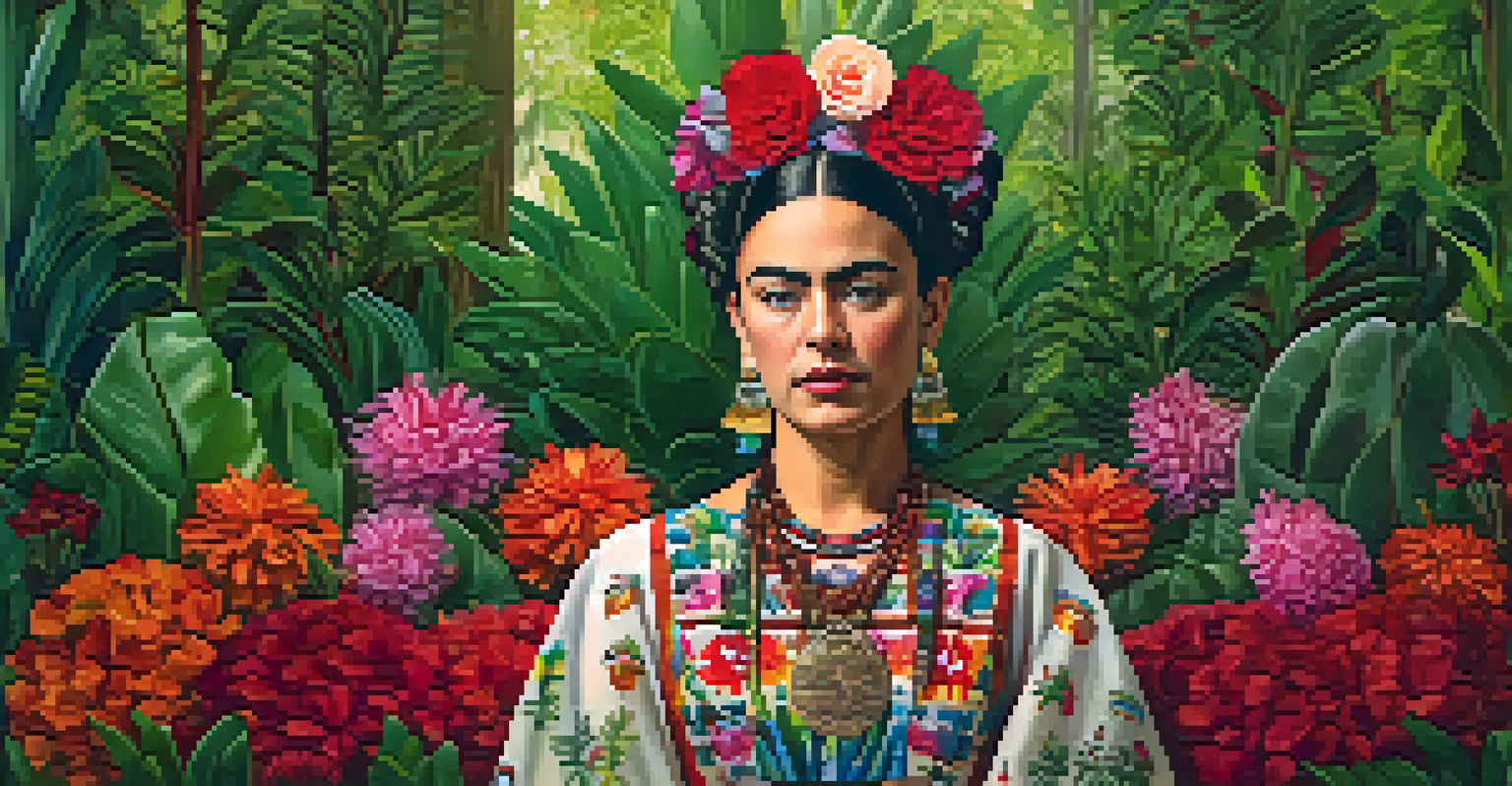 A serene portrait of a woman in traditional Mexican attire, surrounded by colorful flowers in a lush garden.