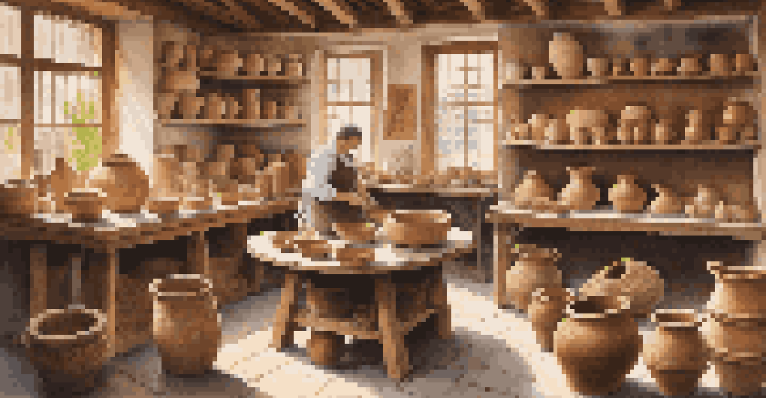An artisan workshop with a potter at work, surrounded by crafted pottery and woven baskets in warm light.